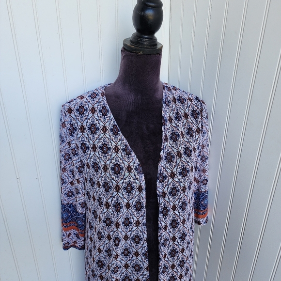 Exclusive One Geo Print Boho Kimono Duster Top Stretch Mesh Lightweight Sz M - Picture 2 of 13